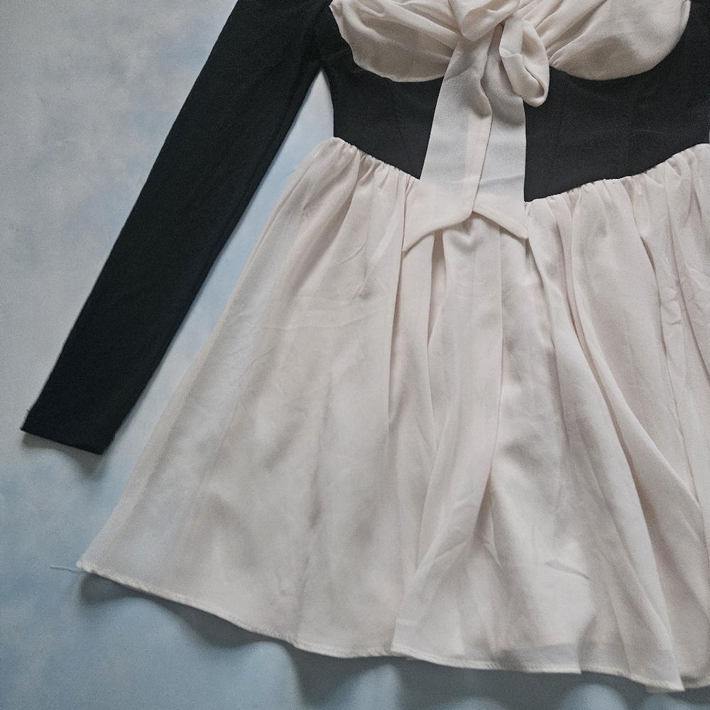 Coquette Black & Cream Off-Shoulder Dress Chiffon Feminine Mini Dress - Picture 4 of 16